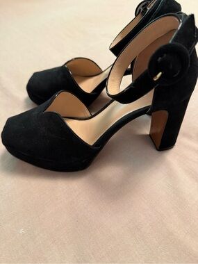 Kate Spade Black Suede Block Heel Sandals with Ankle Strap